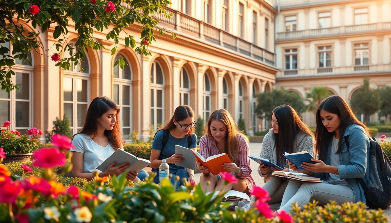 Students engaging in collaborative learning while studying Avrupa'da Üniversite Okumak in a scenic courtyard.