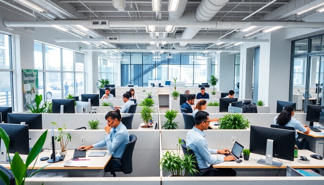 Professional team at a call center in Tijuana engaged in customer support, showcasing a collaborative workspace.