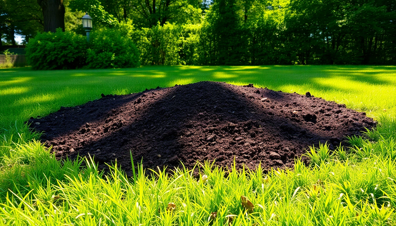 Lawn top dressing process showcasing nutrient-rich compost being evenly spread on a lush green lawn.