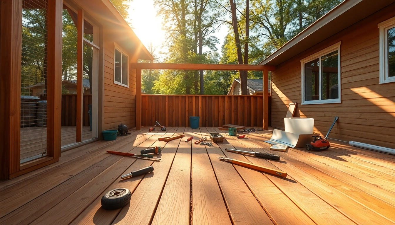 Visualize deck construction process with workers framing a wooden deck outdoors, showcasing tools and materials.