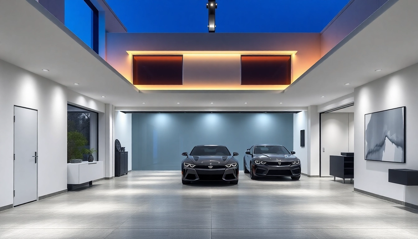 Showcase a stylish custom garage designed with modern aesthetics and ample natural light.