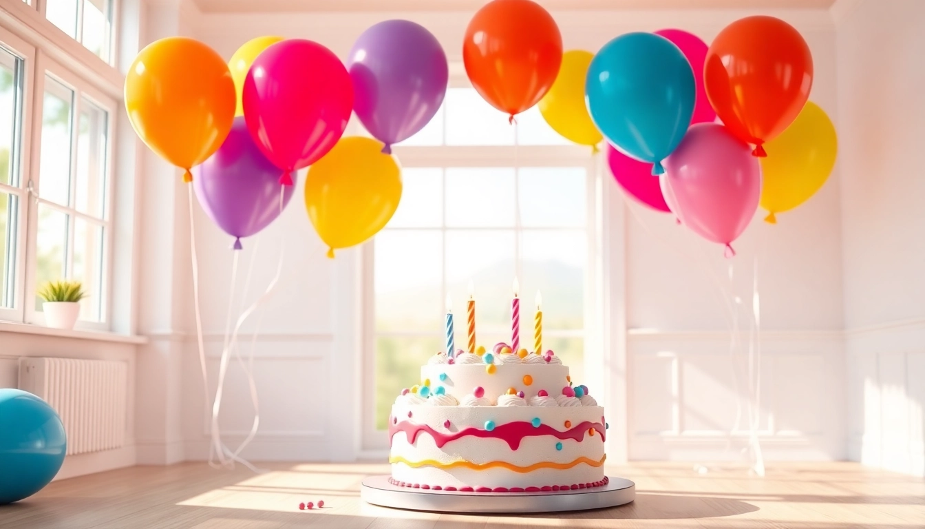 Celebrate with a colorful birthday invitation featuring balloons and a festive cake.