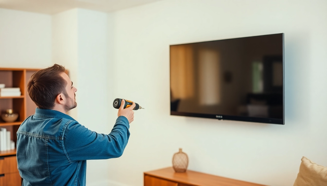 Technician providing a TV mounting installation service in a contemporary living room.