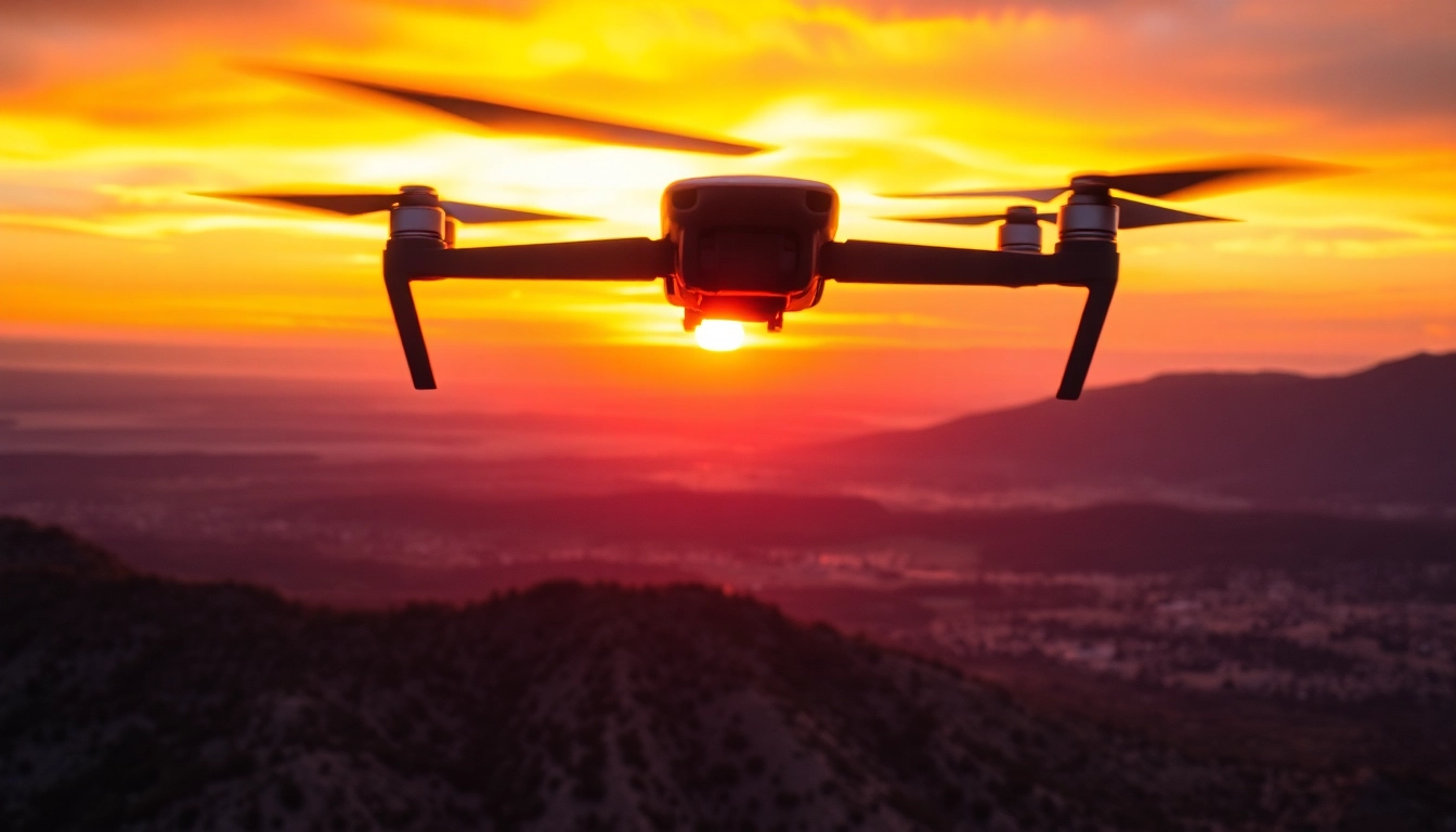 Enhanced drone photography editing showcasing a vibrant sunset over a scenic landscape.