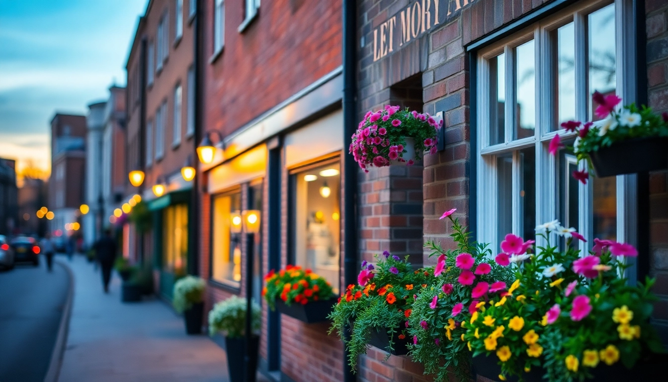 Stroll through a charming Bloomsbury street adorned with vibrant flowers and warm evening light.