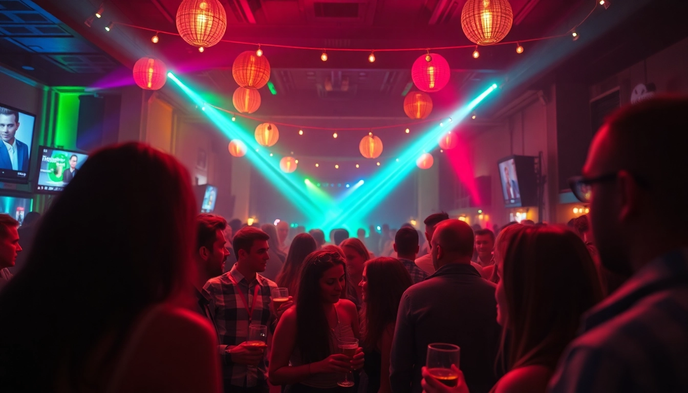 Experience a lively afterwork party in Berlin with vibrant lights and energetic crowd.