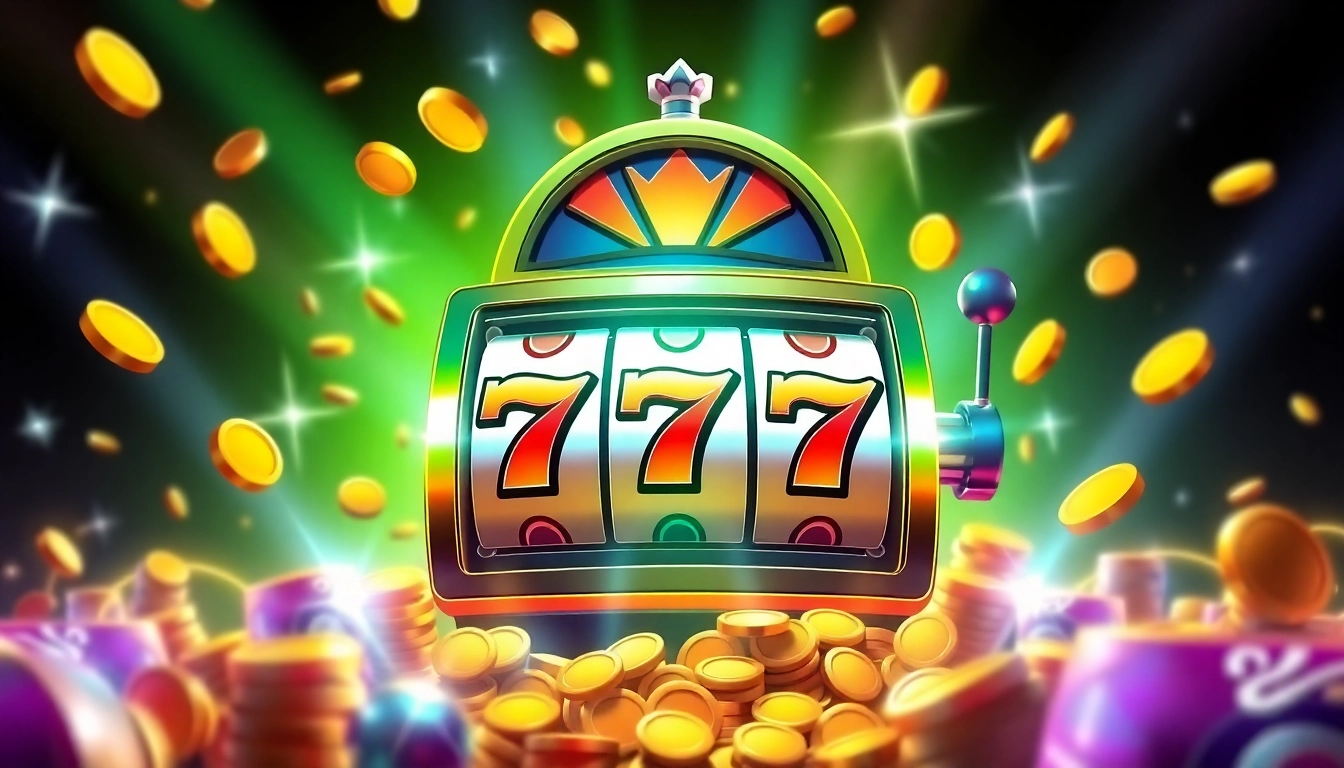 Play สล็อต777 with excitement as vibrant coins and dazzling lights surround the lucky slot machine!