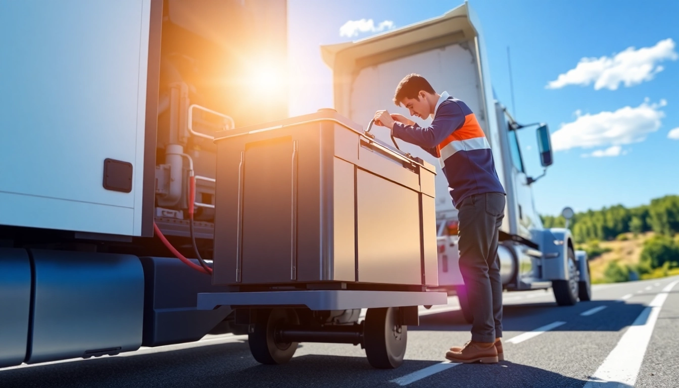 Showcase battery replacement for heavy trucks on the road by depicting a mechanic expertly installing a new battery in a heavy-duty truck.