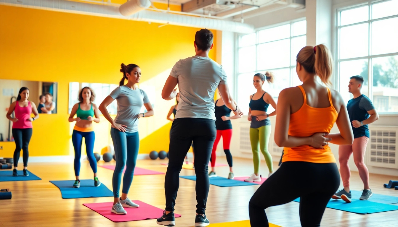 Best Fitness Trainer Jersey City leading an energetic group training session with diverse clients in a bright gym.