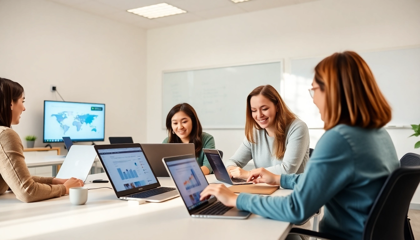 Students engaging in an Internet Marketing Diploma Κύπρος course, collaborating over digital tools in a modern classroom.