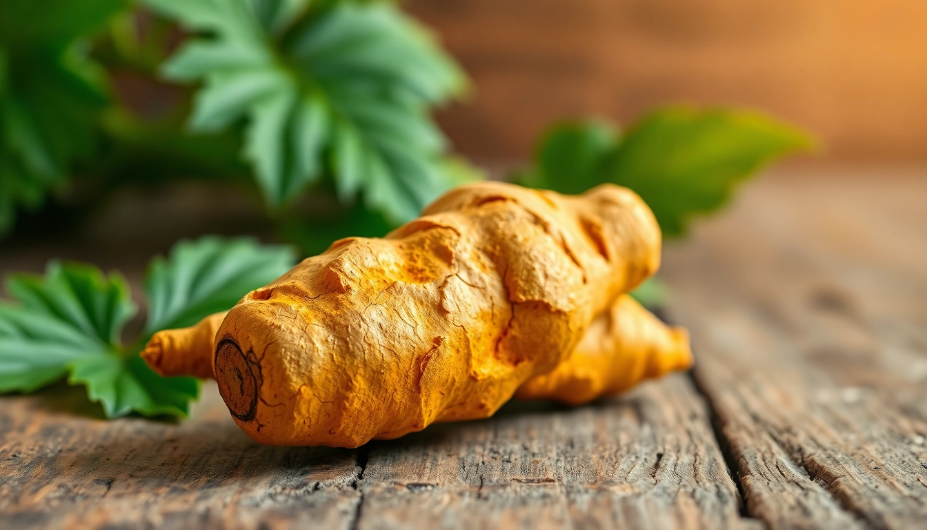 Turmeric Root displayed prominently with its rustic texture and vibrant color.