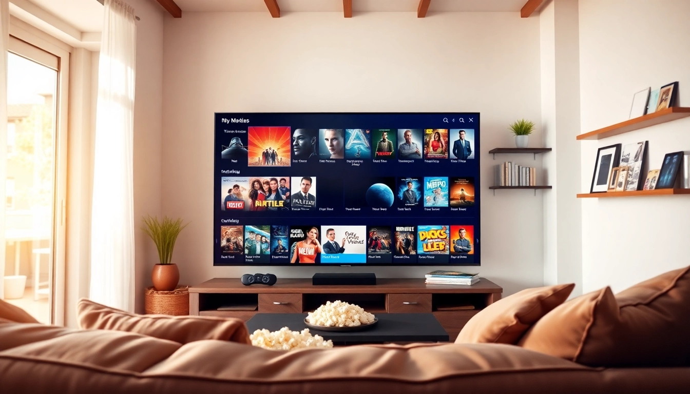 Experience an engaging free streaming trial with a cozy home theater setup featuring a vibrant TV display.