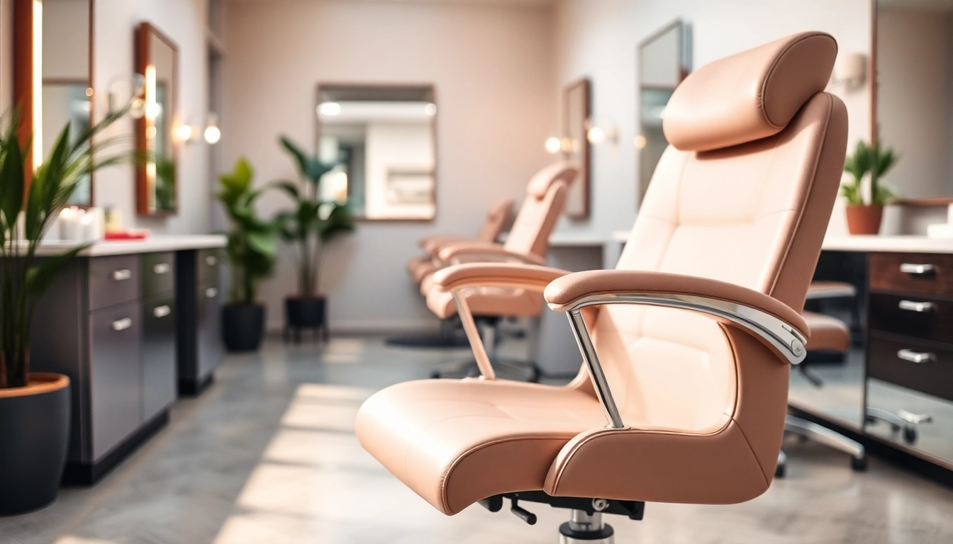 Erleben Sie den modernen kosmetikstuhl in einem eleganten Friseursalon mit schickem Design.