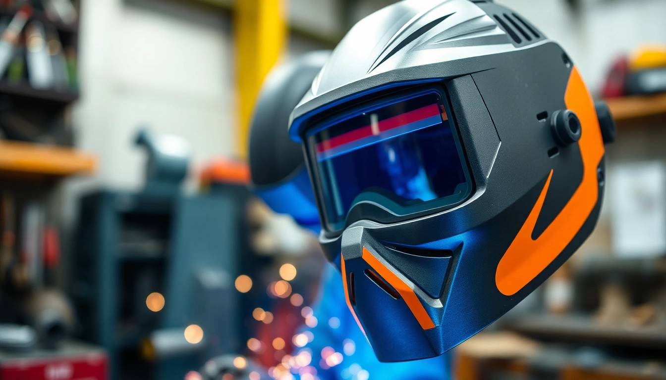 Welding mask showcasing advanced features during a welding operation in a workshop.