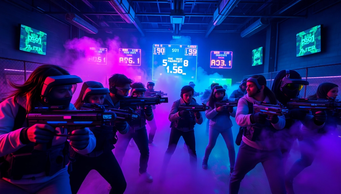 Players engaged in an intense game of laser tag in a vibrant arena, showcasing high-tech gear and neon lights.