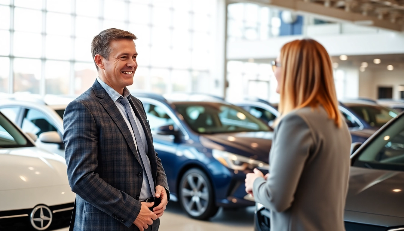 Engaging Part Exchange discussion between salesperson and customer in a car dealership.