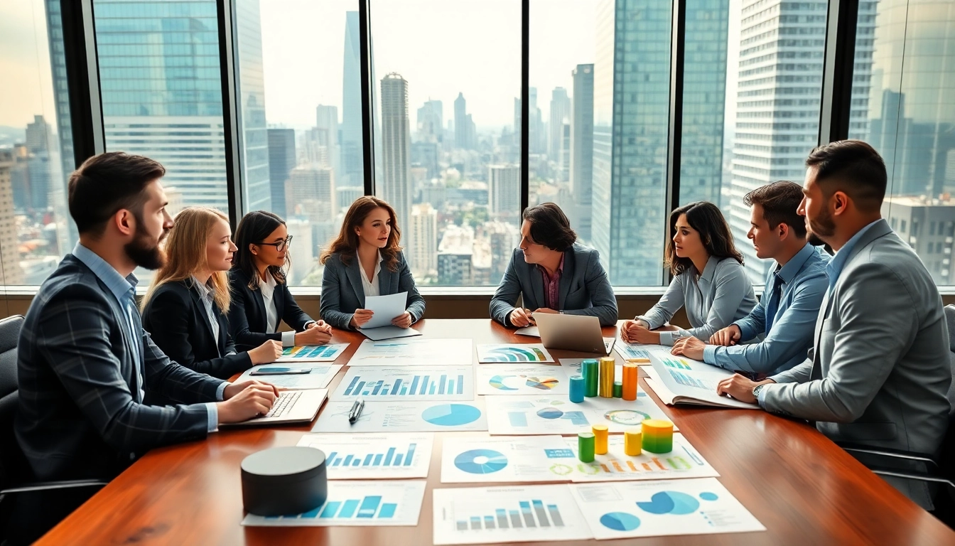 Engaged professionals brainstorming trade marketing strategies in a modern office setting.