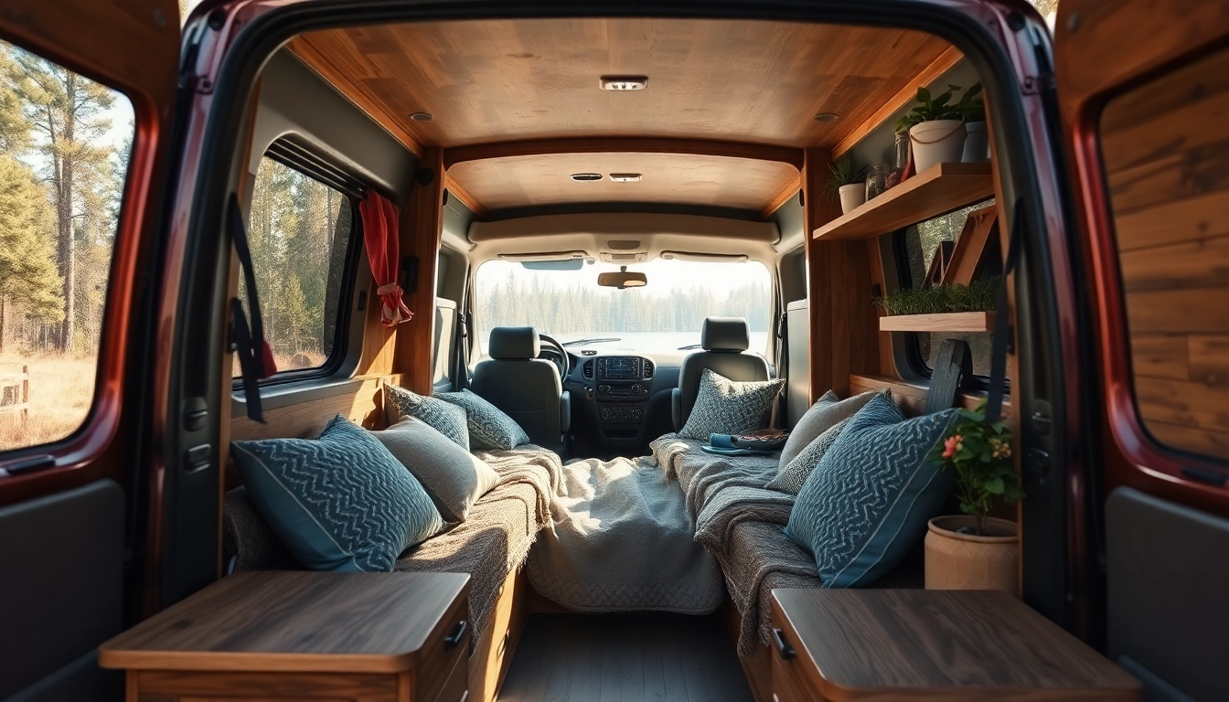 Discover an inspiring interior of a perfect van, showcasing cozy design elements and travel gear.