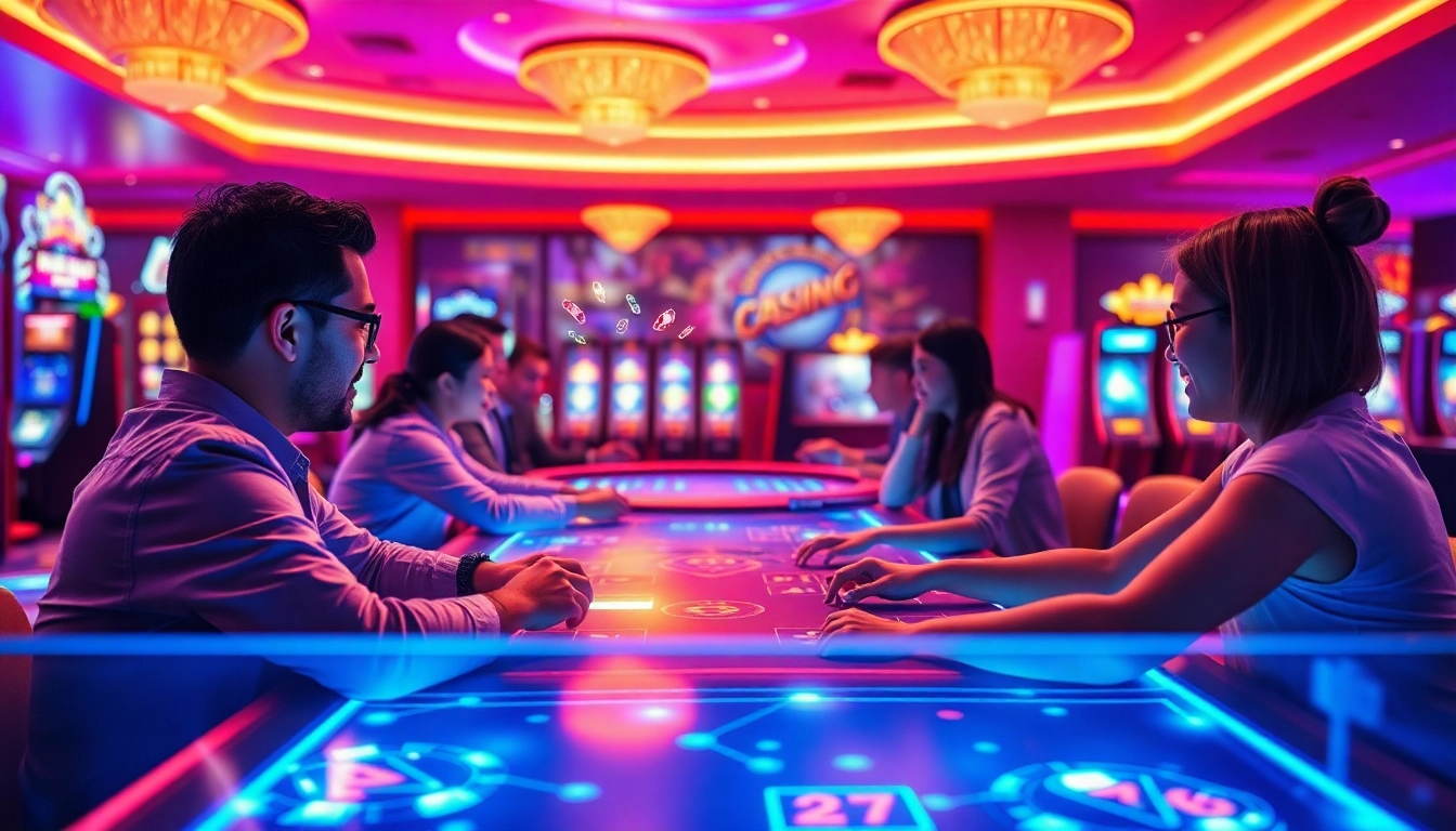 Engaging players at an online casino Singapore gaming table showcase vibrant excitement and technology.