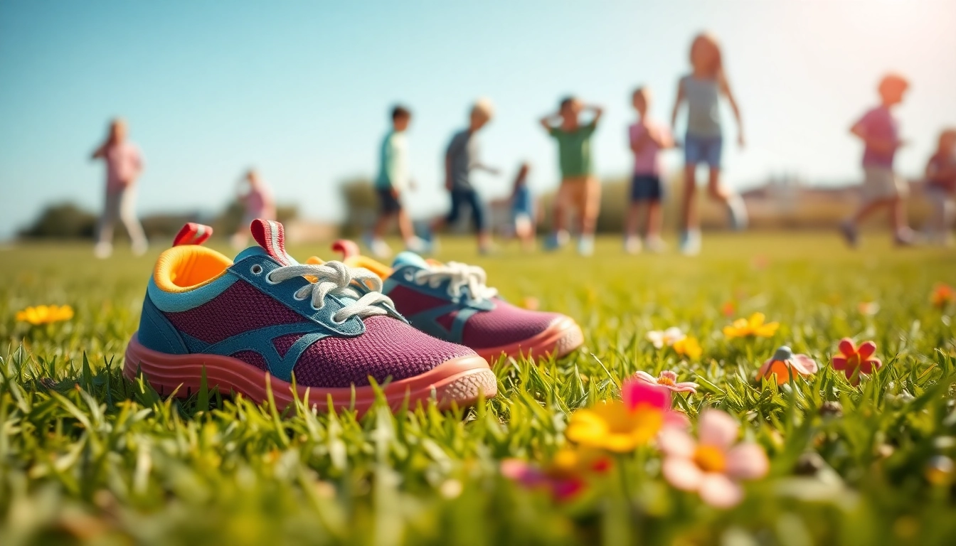 Minimalistische Kinderschuhe auf einem grünen Feld zeigen ihre Flexibilität und Farbe.