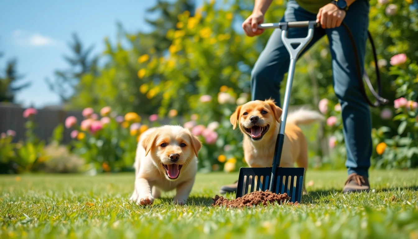 Efficient dog poop cleanup service maintaining a clean yard while a happy dog plays.