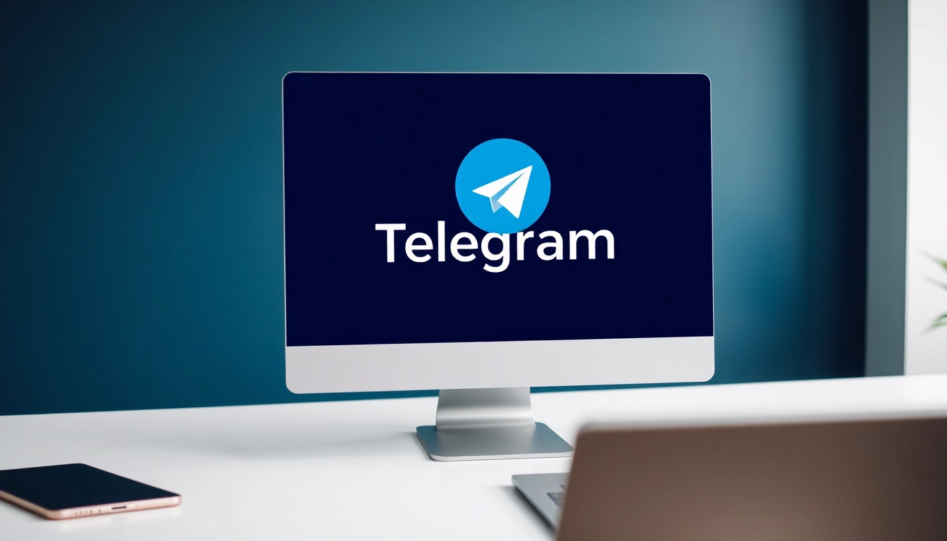 Download the telegram下载电脑版 interface on a sleek laptop with a modern workspace setup.