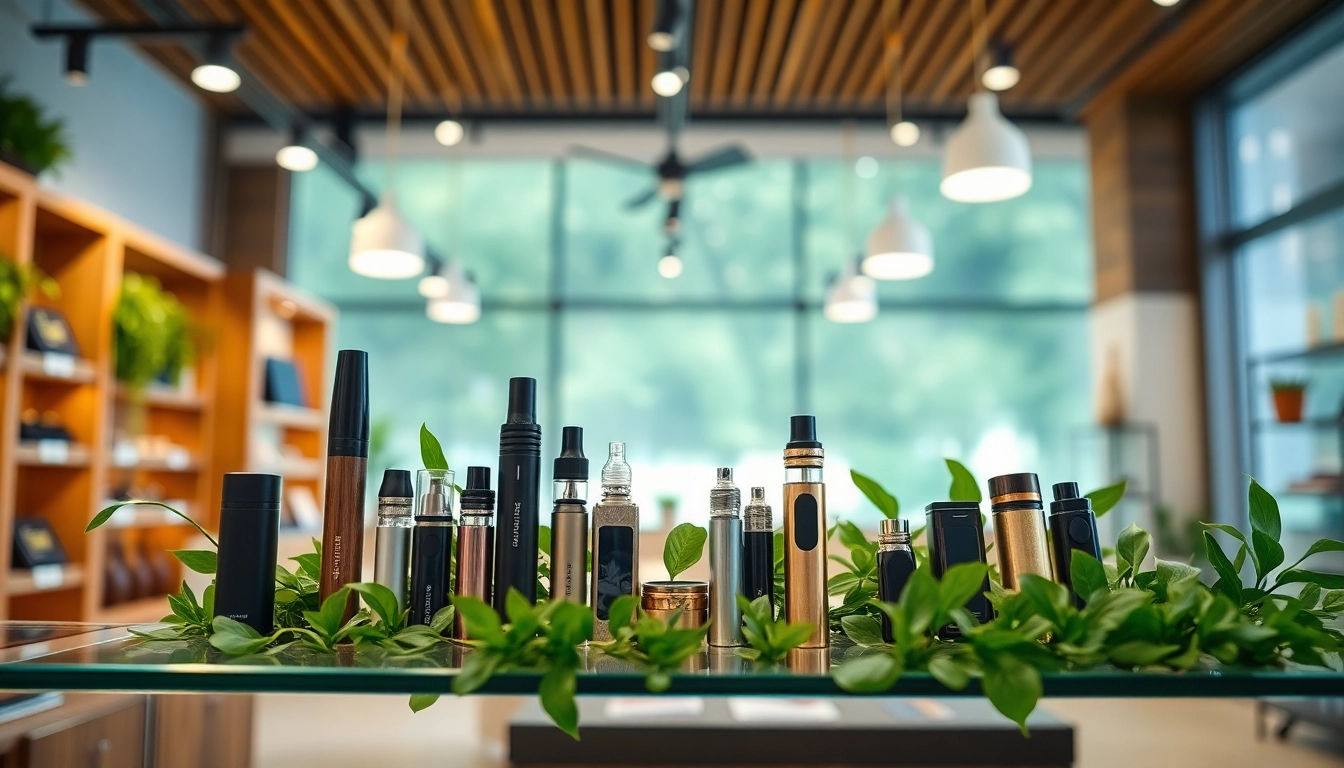 Showcasing nicotine free vapes in a modern retail setting with greenery and warm lighting.