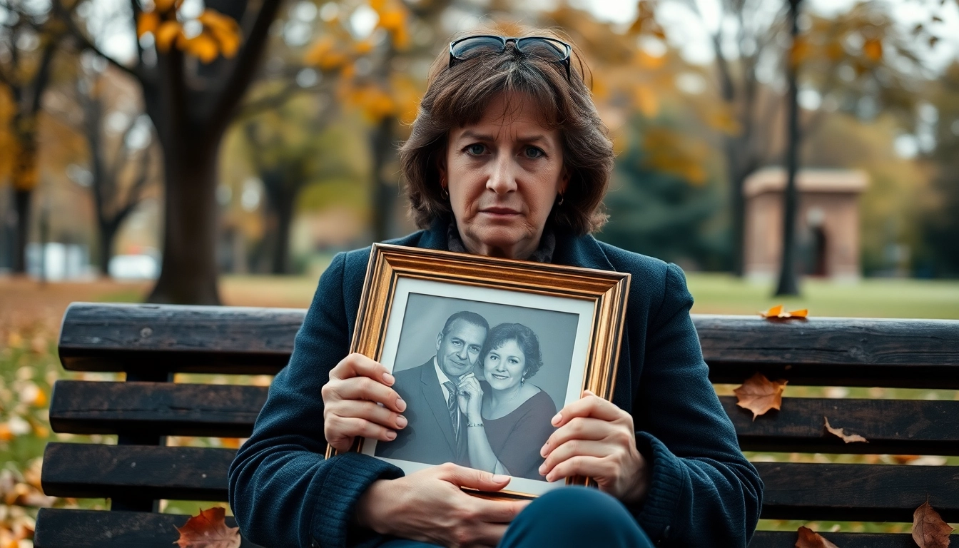 Person dealing with grief sitting on a park bench, holding a photo of a loved one.