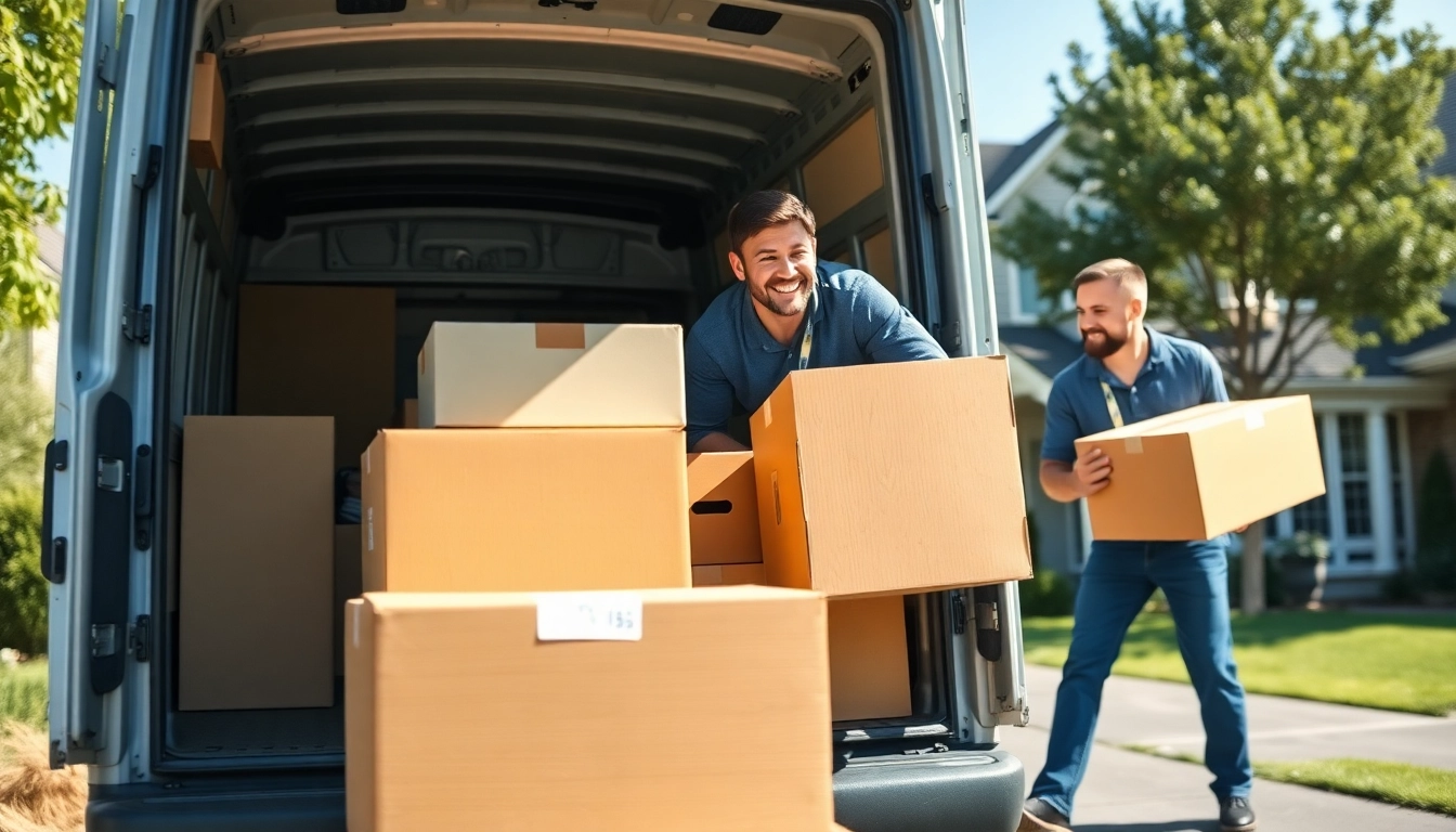 Efficient man and van moving team loading boxes and furniture into a van.