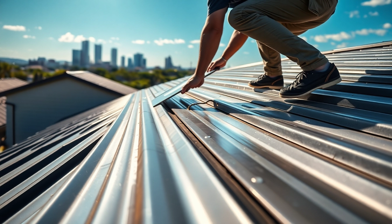 Metal roofing installation Austin by a skilled roofer on a modern home with vibrant surroundings.