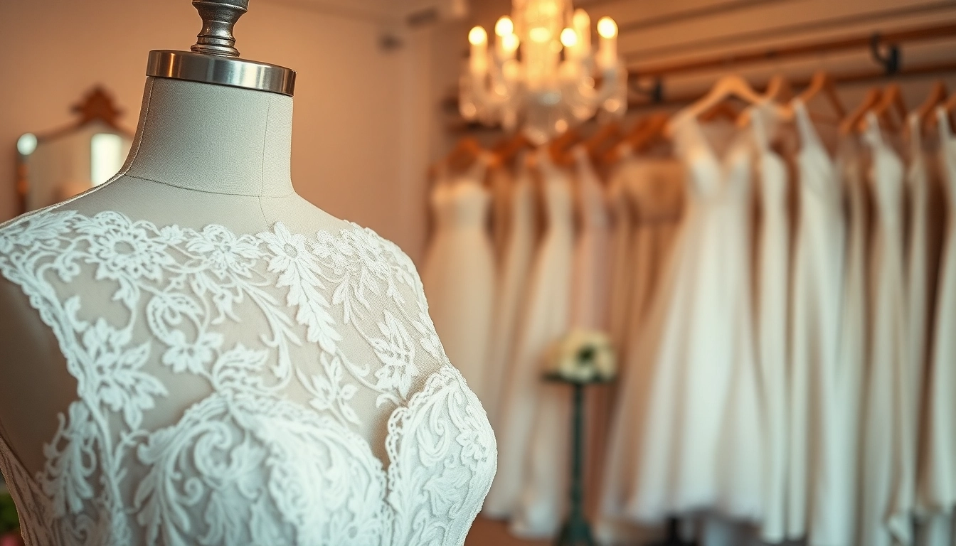 Admire lace wedding dresses with intricate details at a charming bridal boutique.