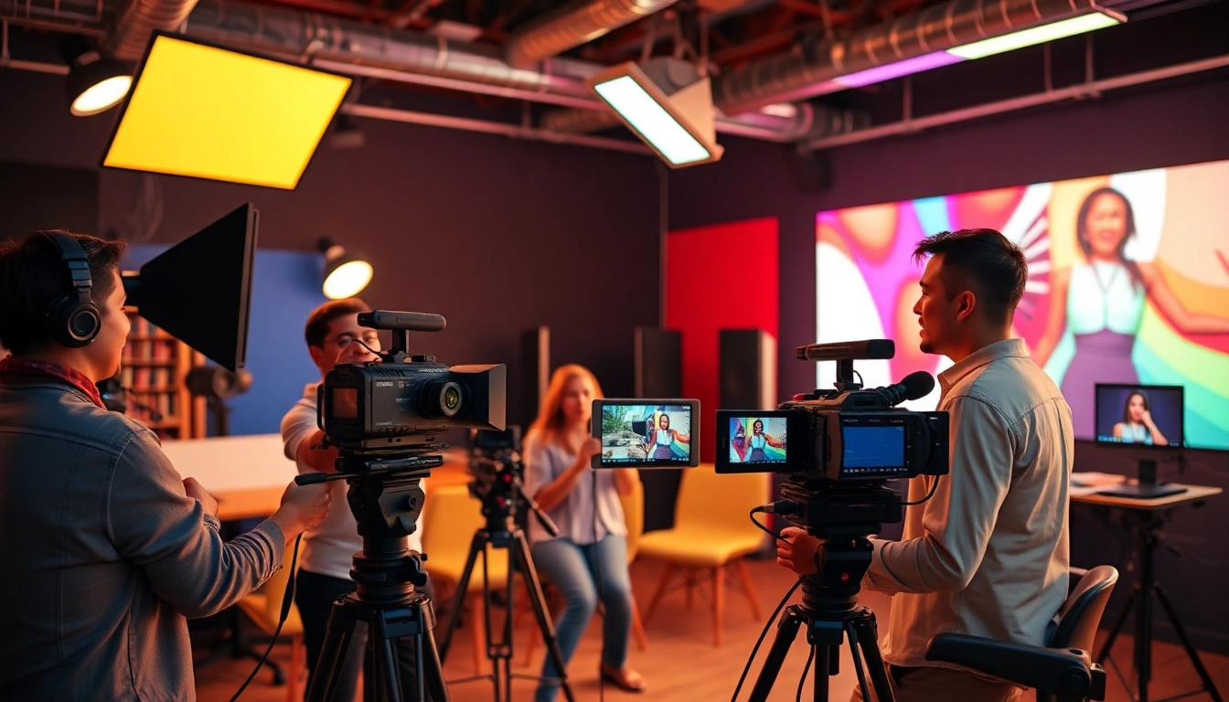 Creative collaboration at a 영상업체 showcasing brand film production with vibrant lighting and equipment.