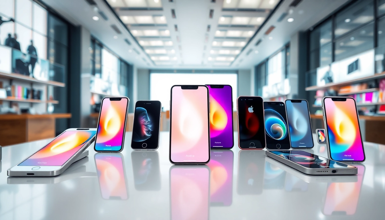 Showcase vibrant iPhone models highlighting options to buy iPhone in a stylish retail background.