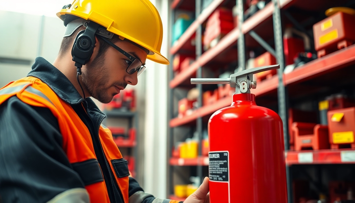 Fire extinguisher servicing Birmingham with a technician inspecting and maintaining equipment.