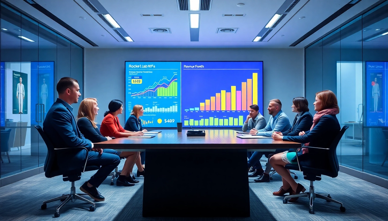 Analyze revenue trends for Revenue Rocket Lab during a modern business meeting.