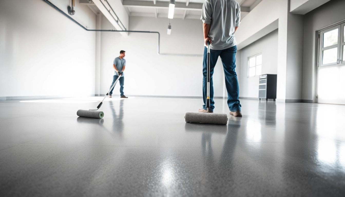 Applying Concrete Coating MN in a garage by a skilled technician for a glossy finish.