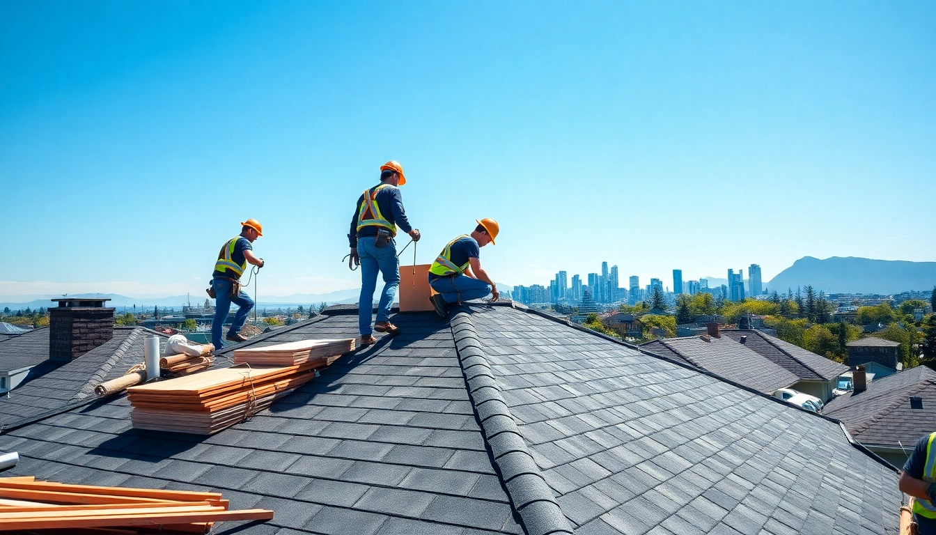 Roofing companies Vancouver Wa professionals repairing a residential roof in an urban setting.