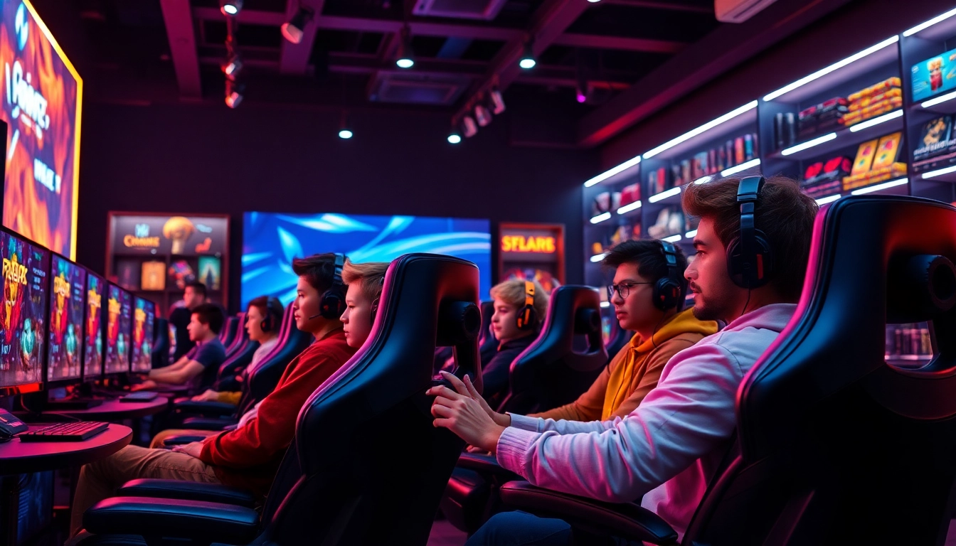 Bermain game online di ruang permainan modern yang penuh energi dan warna.