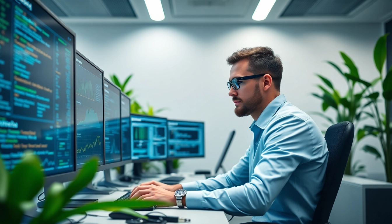Die Analyse von Cybersecurity-Daten in einem modernen Büro mit Bildschirmen und Sicherheitscodes.