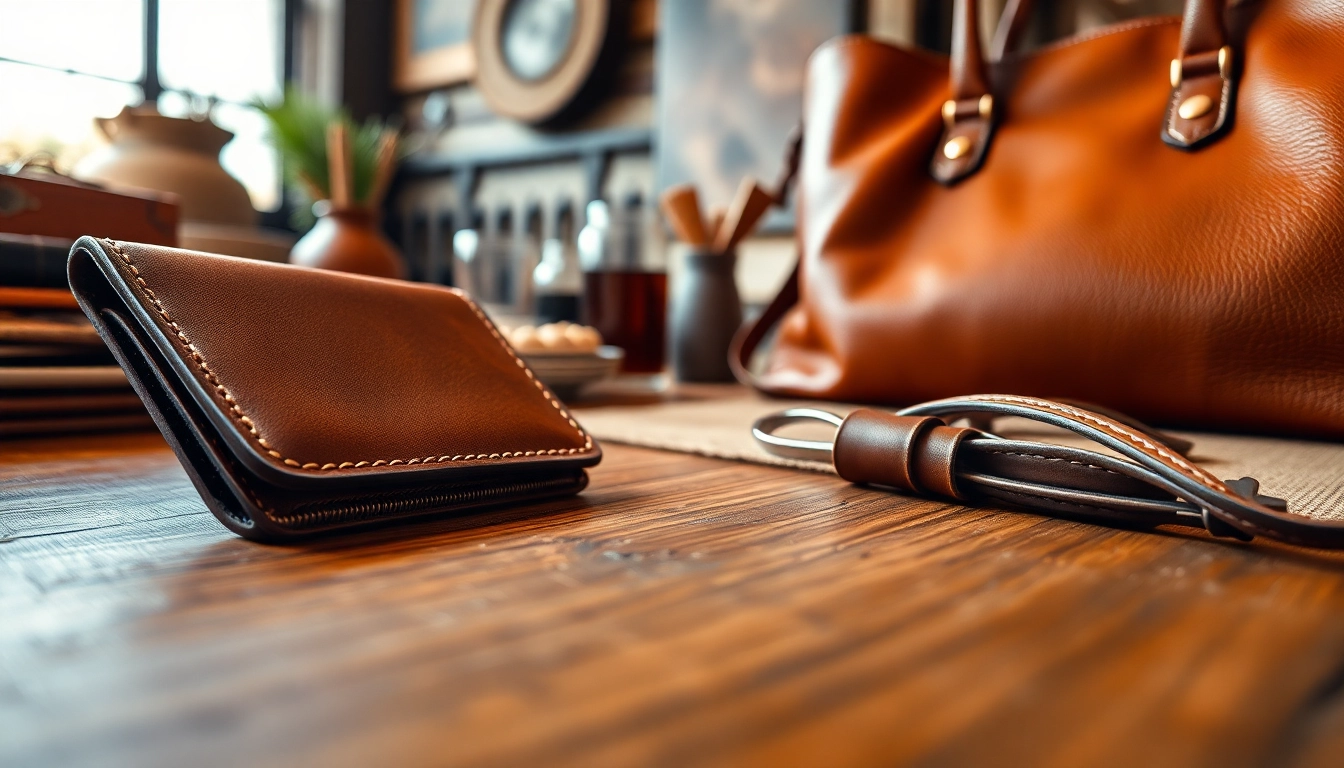 Showcasing coffee leather wallet and handbag, emphasizing texture and design.