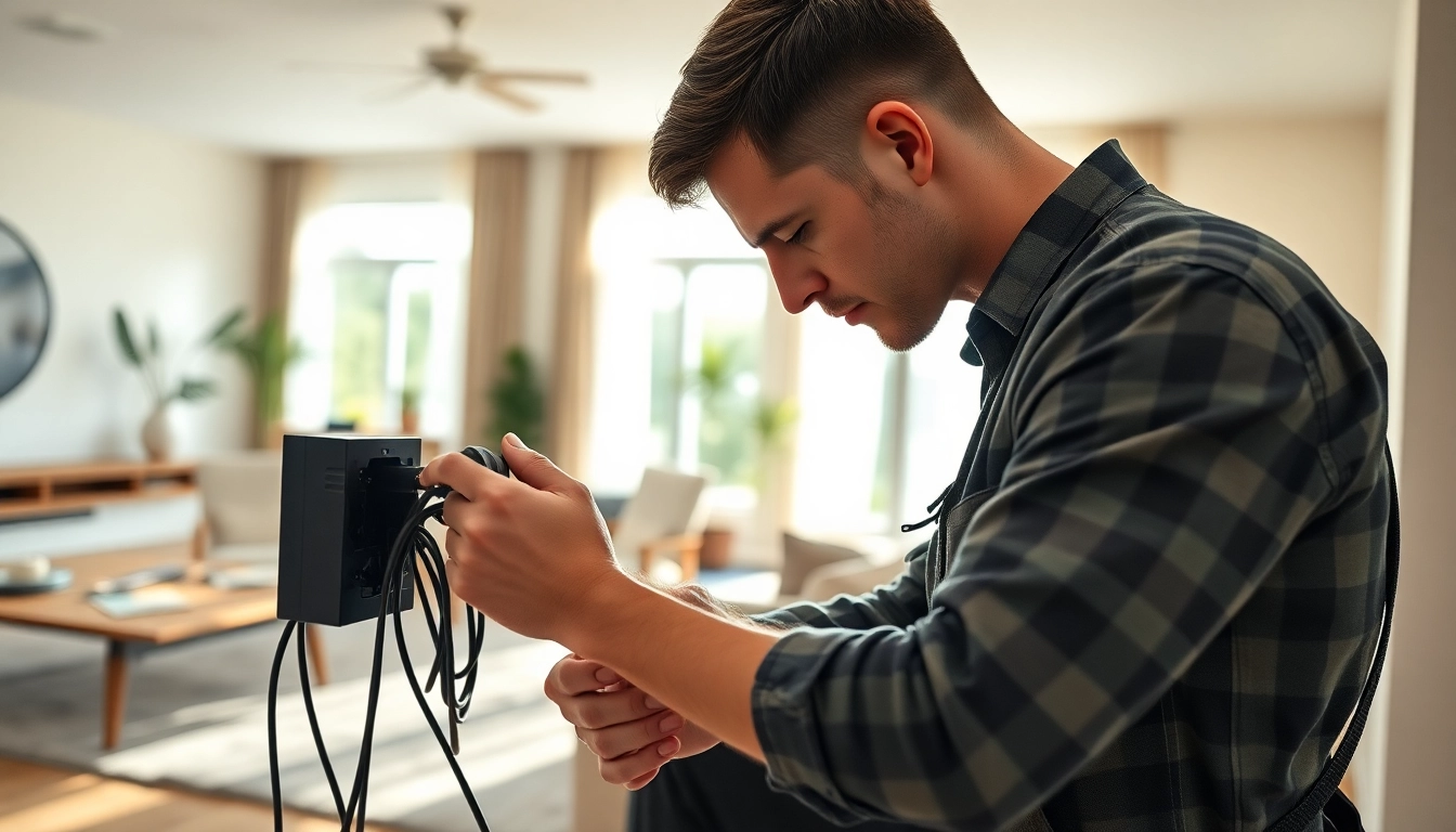 Experienced technician conducting Electrical Service repairs in a bright residential environment.