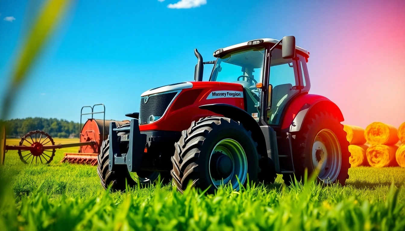 Massey Ferguson Traktor in leuchtender landwirtschaftlicher Umgebung, der Stärke und Fortschritt symbolisiert.