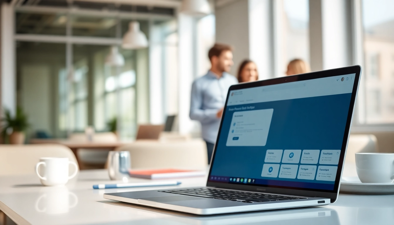 Datenraum Software auf einem Laptop in einem modernen Büro, das sichere Dokumentenfreigabe hervorhebt.