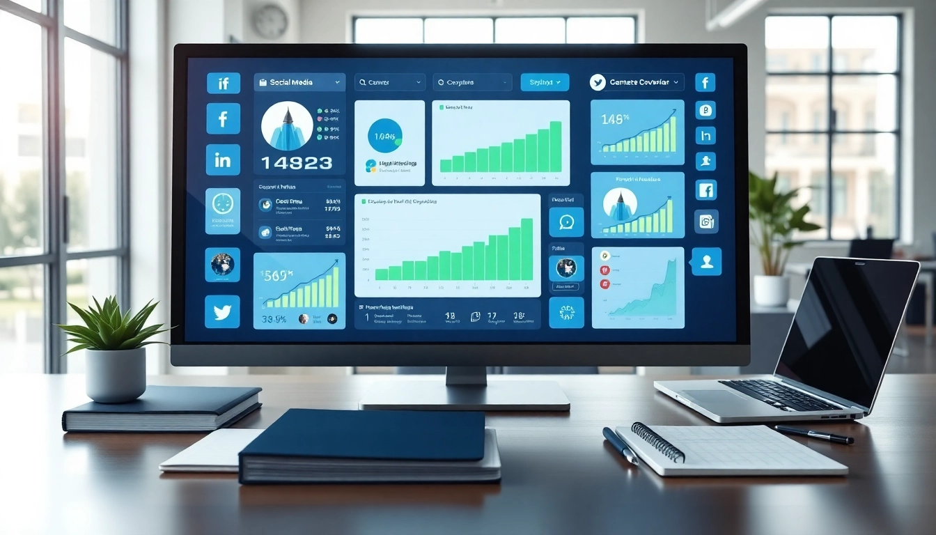 Engaging overview of social media panels showcasing analytics and growth metrics in a modern workspace.