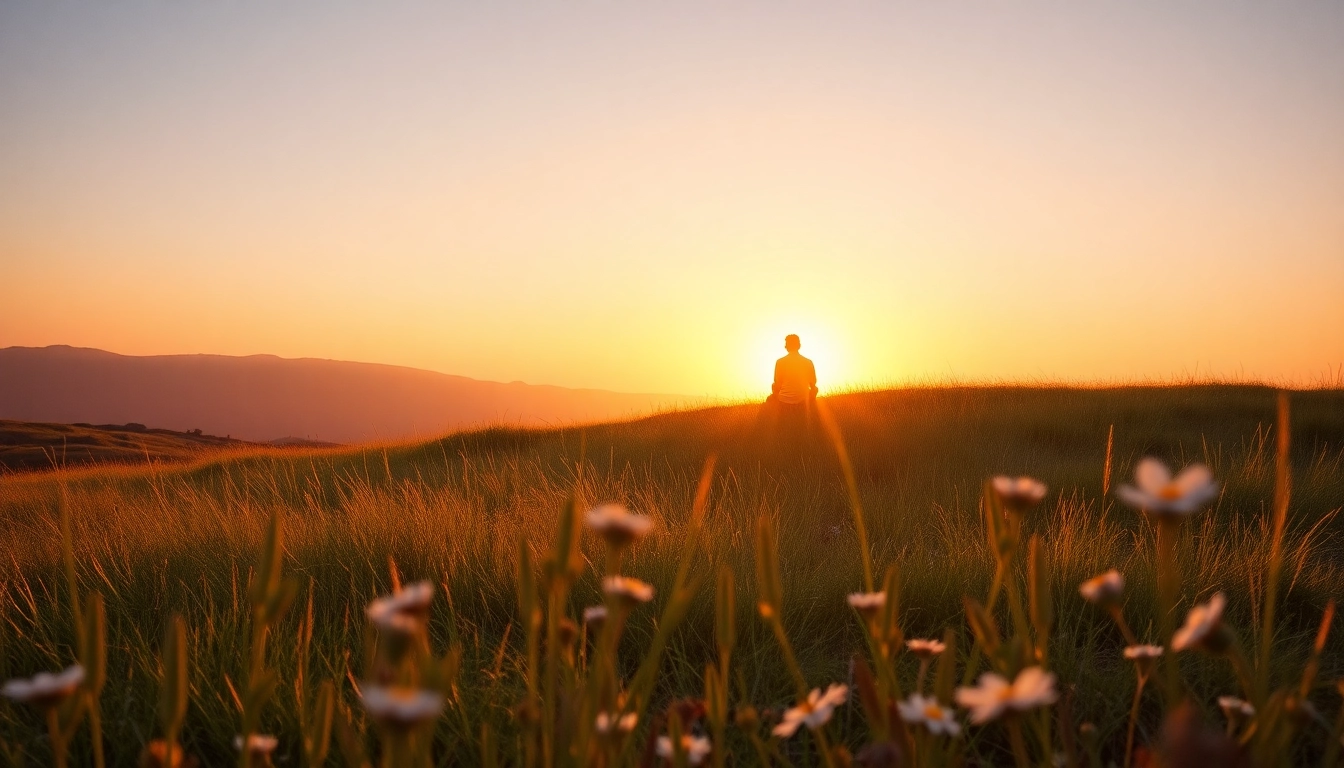 Emotional scene dealing with grief as a person reflects at sunset on a hillside.