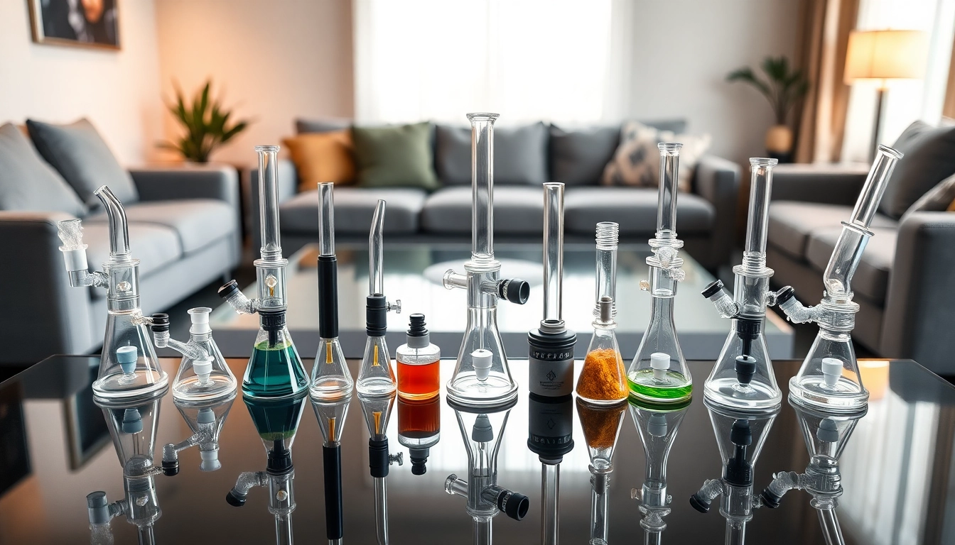 Explore unique Dab Rigs showcased elegantly on a reflective surface with vibrant concentrates.
