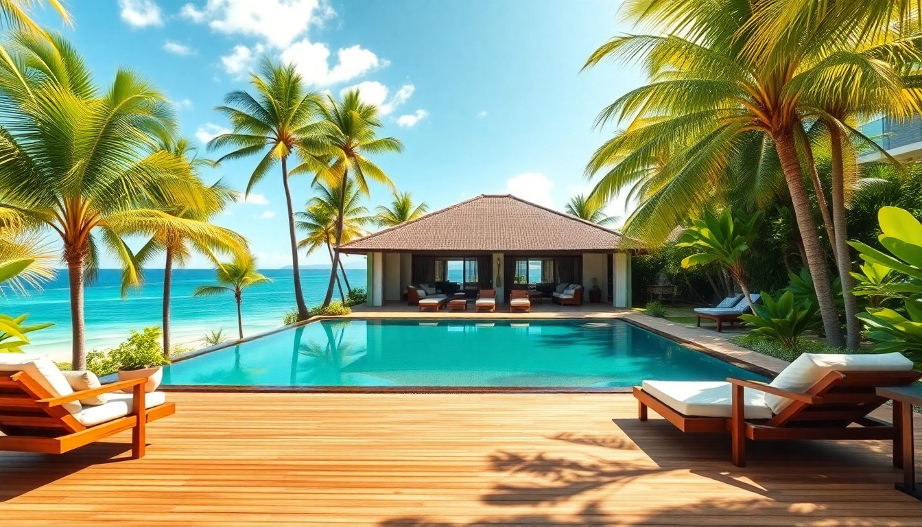 Showcasing luxury villa management in a stunning tropical setting with a vibrant atmosphere.