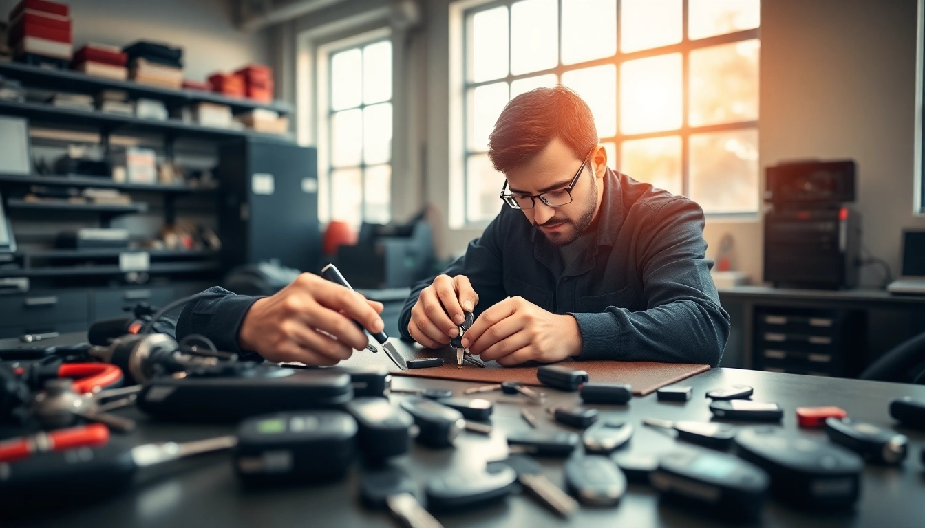 Creating Replacement Car Keys with a skilled technician in a bright locksmith workshop