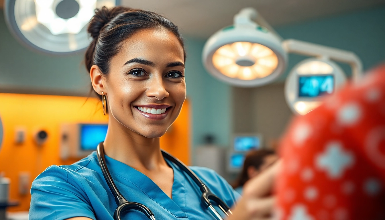 Engaging nurse exemplifying care within the Alabama Board of Nursing guidelines in a bright clinical environment.