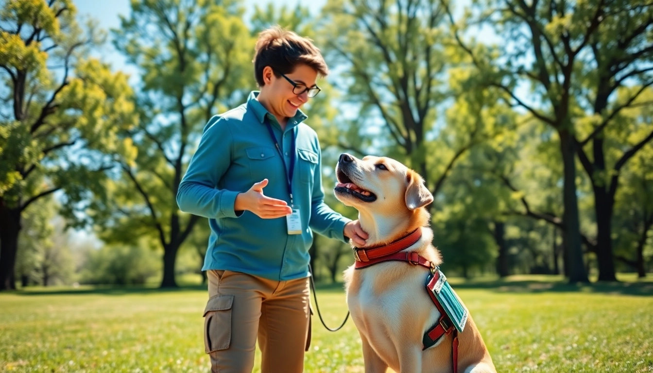 Service dog trainer demonstrating techniques with a trained service dog in a bright park setting.